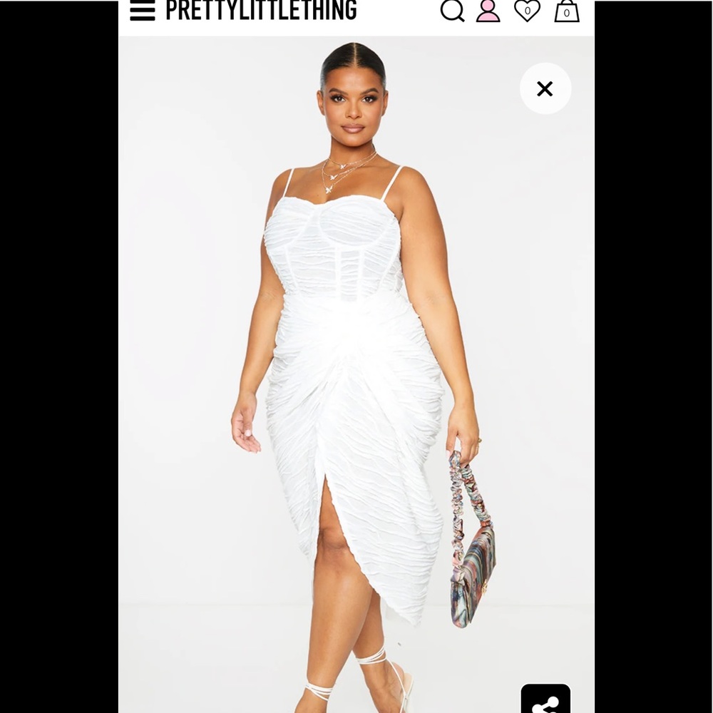 Plus White Textured Ruch Side Midi Skirt